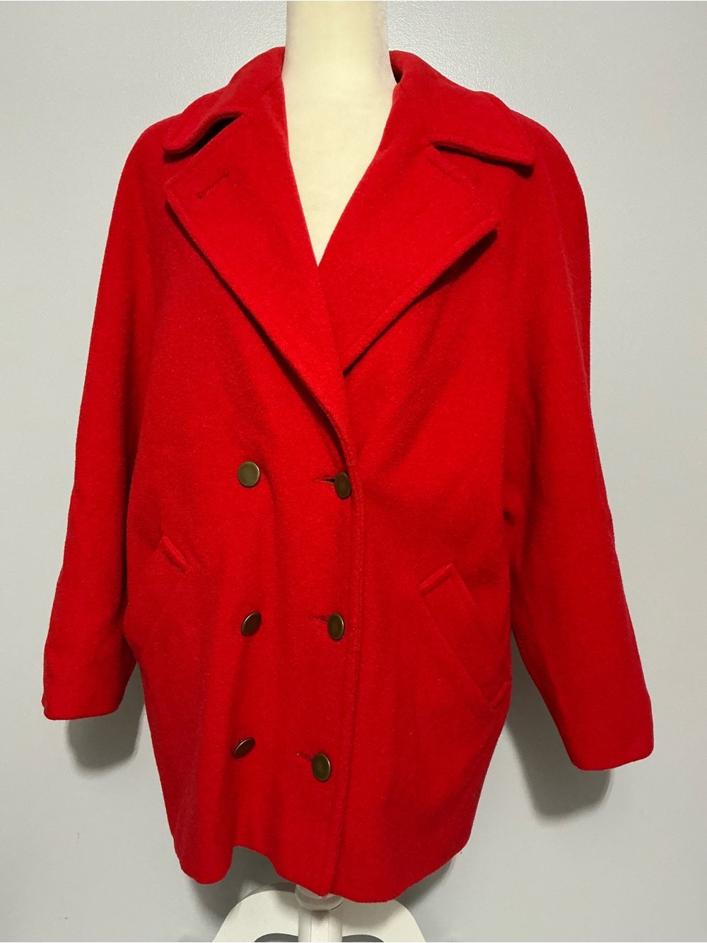 Wellington Fashions double-breasted wool pea coat fits like a L